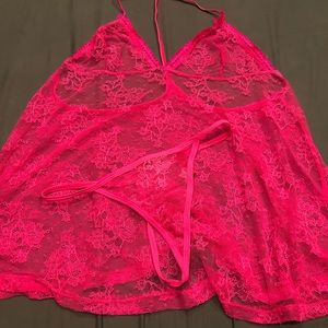 Hot pink 💓 lingerie set. Lace baby doll style top with thong panties to match